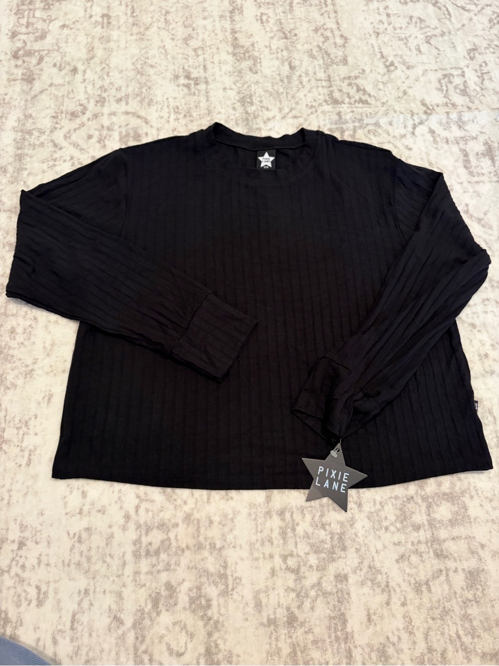 PIXIE LANE Girls 9/10 Black Ribbed Long Sleeve Crewneck Top NWT
